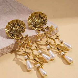 Gold Pearl Drop Branch Earrings - Women Jewelry